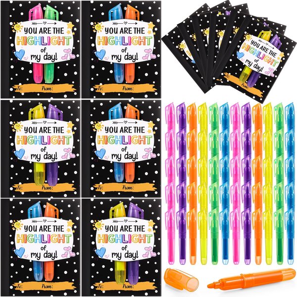 Fuyoooo 48 Sets Bulk Valentines Day Gifts Include Highlighter Valentines Day Card Mini Highlighter Set Kids Valentine Exchange Cards for Boys Girls School Class Classroom Valentine Party Favors