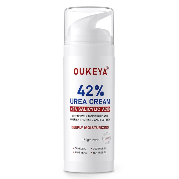 OUKEYA Urea Cream 42% plus Salicylic Acid 2% Intensive Repair Treatment for Cracked Skin on Hands, Heels, Elbows, and Lips - Relief for Dry Feet - Enhanced Pump Dispenser Packaging - Gross wt 8.03 OZ