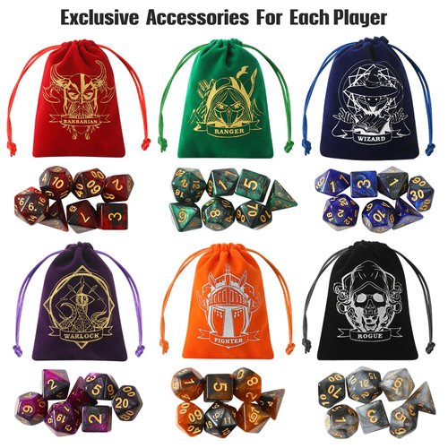 Grajar D&D Dice Set with Characters Pattern Dice Pouches, 42 Pcs polyhedral dice Set, PU Leather and Velvet dice Tray for Dungeons and Dragons D&D RPG MTG Table Games Starry Sky