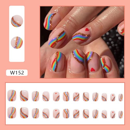 Vezocim Press on Nails Coffin Short Length, 24Pcs Full Cover Reusable Glossy Fake Nails with Glue, Artificial Fingernails Square False Nails with Designs, Glue Stick on Nails with Charm(Rainbow)