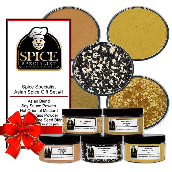 Asia Gift Set #1 - Our Asian Cuisine Set Contains: 5 Plastic Jars (1 each of: Asian Blend, Japanese Curry Powder, Soy Sauce Powder, Hot Oriental Mustard & Tuxedo Sesame Seeds)