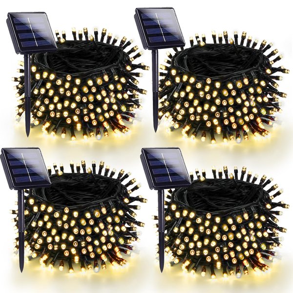 4-Pack 180FT Solar String Lights Outdoor Waterproof, Super Bright 320 LED Solar Outdoor Lights with 8 Lighting Modes, Green Wire Solar Tree Lights for Christmas Party Garden Decorations (Warm White)