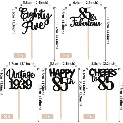 30PCS Happy 85th Birthday Cupcake Toppers Glitter Eighty Five Vintage 1939 Cupcake Picks 85 Fabulous Cheers to 85 Years Cake Decorations for 85th Birthday Anniversary Party Supplies Black