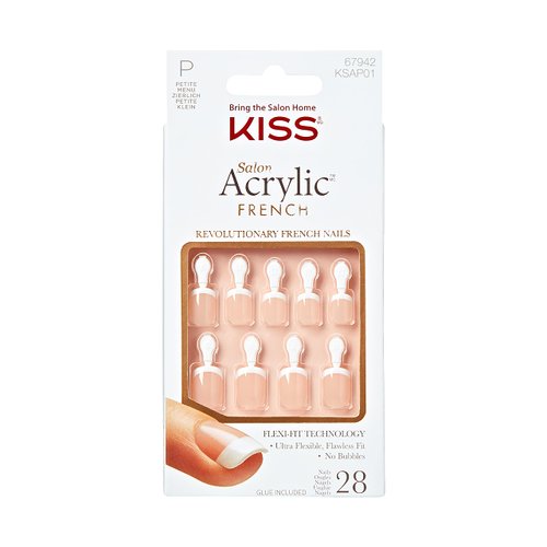 KISS Salon Acrylic French Nail Manicure Set, Petite Length, Square, “ Crush Hour”, Nail Kit Includes Pink Gel Nail Glue (Net Wt. 2 g / 0.07oz.), Mini File, Manicure Stick, and 28 Fake Nails