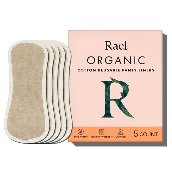 Rael Reusable Panty Liners Menstrual, Organic Cotton Cover - Postpartum Essential, Cloth Panty Liners for Women, Washable, Soft and Thin, Leak Free, Sensitive Skin (5 Count, Brown)
