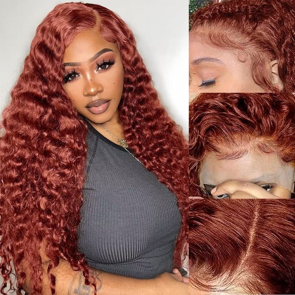 Reddish Brown Lace Front Wigs Human Hair Deep Wave Wig 180% Density 13X4 HD Lace Frontal Copper Red Colored Human Hair Wigs Red Brown Curly Glueless Wigs Human Hair Pre Plucked for Black Women