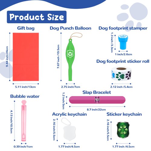 75PCS Dog Paw Party Favors Dog Paw Print Party Supplies Puppy Patrol Theme Pack Include Slap Bracelets、Paw Print Bubble Wands、Paw Stampers 、Punch Balloons、DIY Acrylic Keychain、Sticker、Goodie Bags
