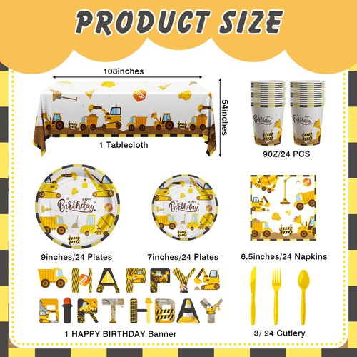Cecnamt Construction Birthday Decorations, 170 Pcs Construction Birthday Party Supplies Including Banner, Plates, Cups, Napkins, Cutlery and Tablecloths, Serves 24