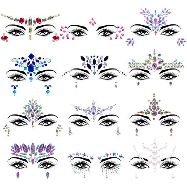 Lusy DM 12 Sets Face Gems Mermaid Face Jewels Rhinestone Rave Face Gems Temporary Tattoos Crystal Festival Face Jewels Stick on for Race Carnival Halloween Festival Party