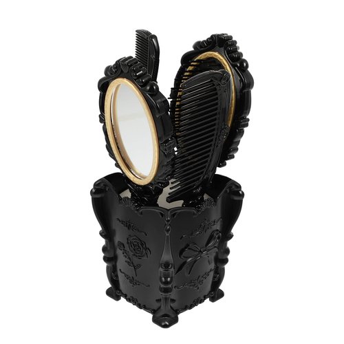 EXCEART 1 Set 5 Pcs Mirror Comb Set Vintage Hand Mirror Antique Hair Brush with Storage Holder for Wet/Dry Hair Styling Tool Makeup Accessories (Black)