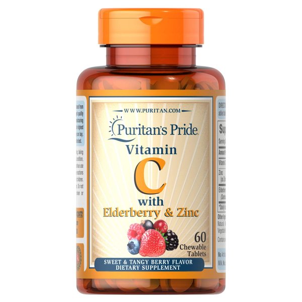 Puritan's Pride Vitamin C with Elderberry & Zinc for Immune System Support, Chewables, 60 Count (Pack of 1)