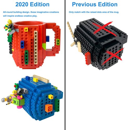 Tmango Build-on Brick Mug with 3 Pack of Character Blocks, DIY Building Blocks Coffee Mug, Puzzle Cup for Creative Kids, Men or Women Xmas Birthday Gift (Red)