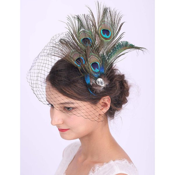 Anglacesmade Bridal Feather Hair Clip with Black Veil Peacock Feather Fascinator Bridal Short Veil for Wedding Prom Festival Party 20s Flapper Headpiece for Women and Girls