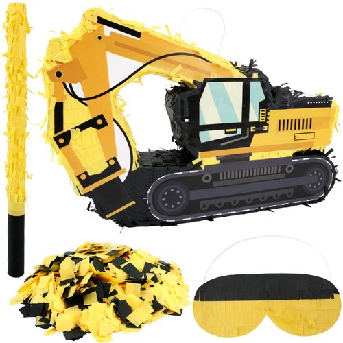 15.7 x 10.6 x 3.1 Inch Construction Excavator Pinata Construction Truck Pinata with Pinata Bat Blindfold and Confetti for Birthday Decor Construction Party Supplies