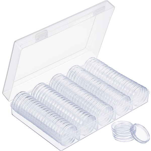 Hicarer 100 Pieces Clear Plastic Coin Capsules Coin Holders for Collectors Coin Protectors Coin Case with Storage Organizer Box for Morgan Silver Dollars Glitter Samples Collection Supplies, 30 mm