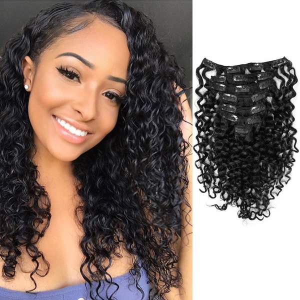 Anrosa Water Wave Clip in Hair Extensions Human Curly Hair Natural Black 1B Double Weft for Black Women, Wave, 20 Inch 120 Gram