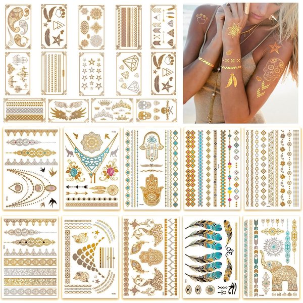 24 Sheets Gold Temporary Tattoos for Women Girls Adults - Over 300 Shimmer Waterproof Fake Tatoos - Gold Tattoos Metallic Stickers in Bracelets, Feathers, Wrist and Arm Bands