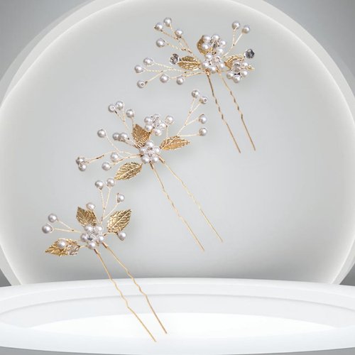 Pearl Hair Pins for Wedding, Bridesmaids, Mother of the Bride, Flower Girl Head Piece Hair Clips, White Crystal Pearls and Gold Leaf Hair accessories for Women and Girls (3PCS Different Flowers)