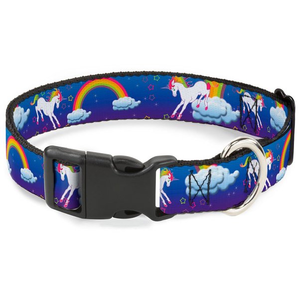 Buckle-Down Plastic Clip Collar - Unicorns/Rainbows/Stars Blue/Purple - 1.5" Wide - Fits 16-23" Neck - Medium