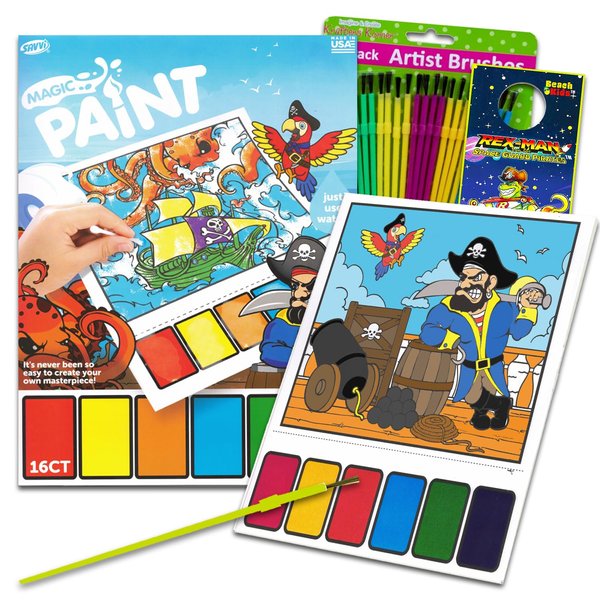 Game Party Paint with Water Book for Kids - Arts and Crafts Bundle with Watercolor Painting Book for Boys, Girls Plus Paintbrush, More (Pirate)