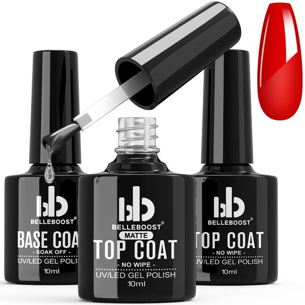 BELLEBOOST Matte Top Coat High Gloss Base Coat Gel Set,No Wipe Top Coat Resin Nail Polish Glue Soak Off UV/LED Lamp Long Lasting And Shine For Nail Art(3Pcs,10ml/Bottle)
