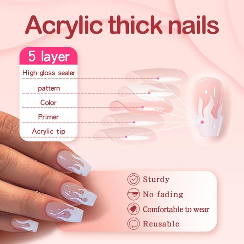 Yivaiks White Acrylic Press on Nails Medium Length Glue on Fake Nails Flame Stick on Nails Full Cover Artificial Nails Press ons Short Nails Kit 24pcs