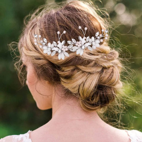 Urieo Wedding Flower Hair Pins Rhinestone Pearl Silver Hairpins Crystal Floral Bride Bridal Hair Accessories for Brides and Bridesmaids(Pack of 2)