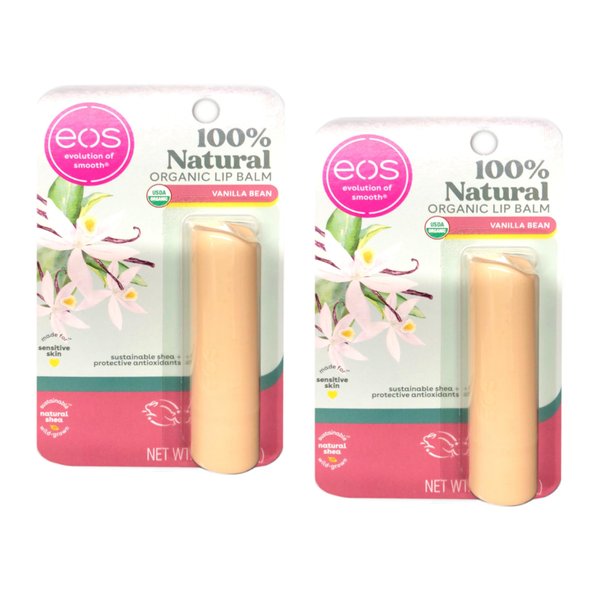 EOS Lip Care - Organic Biologique - Vanilla Bean - 100% Natural - Net Wt. 0.14 OZ (4 g) Per Stick - Pack of 2 Sticks