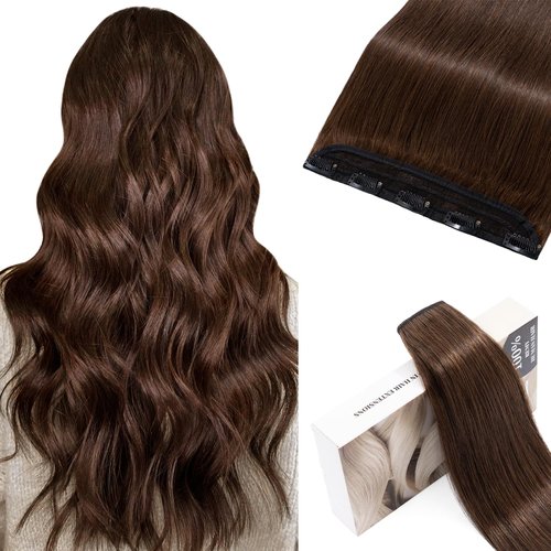 TESSHAIR 5 Clip One Piece Clip in Hair Extensions Real Human Hair 12 Inch Human Hair Clip in Extensions Chocolate Brown 3/4 Full Head Hair Extensions Clip ins Straight Long 70g