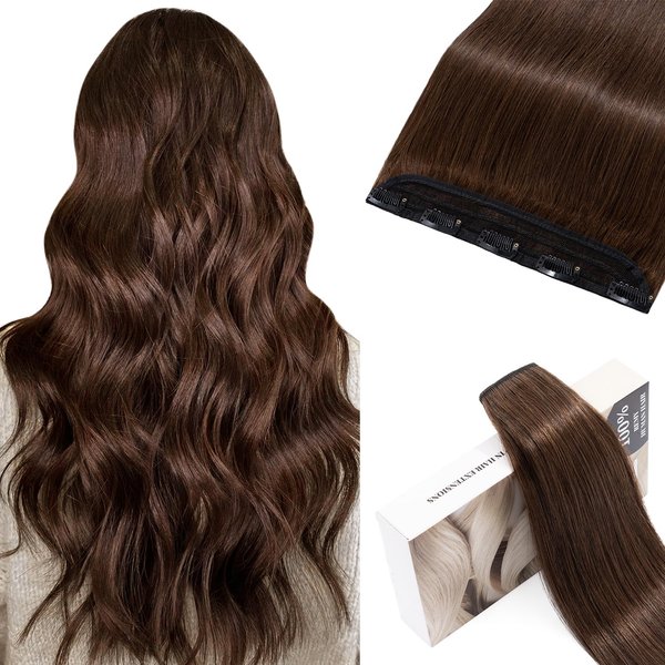 TESSHAIR 5 Clip One Piece Clip in Hair Extensions Real Human Hair 12 Inch Human Hair Clip in Extensions Chocolate Brown 3/4 Full Head Hair Extensions Clip ins Straight Long 70g