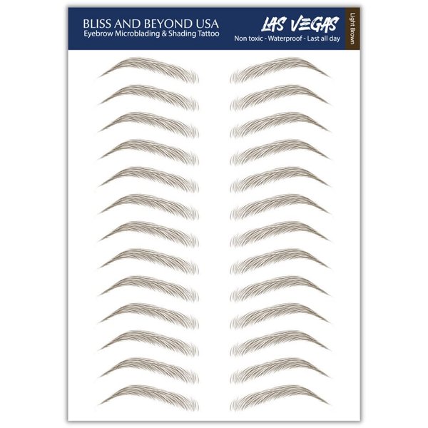Bliss and Beyond USA | Waterproof Eyebrow Tattoo Stickers. A real hair stroke look. Hair replacement without surgery. Solution for hair loss. Bushy Tinted eyebrow tattoos. (New Las Vegas, Light Brown)