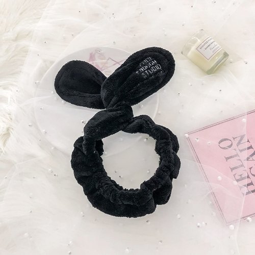 Linsiter Hair Band for Washing Face, Soft Coral Fleece Hairlace Rabbit Ear Shape Makeup Headband, 1pcs (Black)