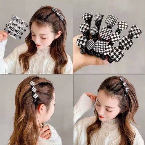 Braided Hair Clips for Women Satin Fabric Hair Clips Braided Hair Braided with 3 Small Clips Hair clip on forehead Shattering hair clip Duckbill Clip Black and white thousand bird grid 5 Pack