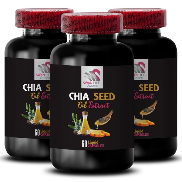 Vegan-friendly - CHIA SEED OIL EXTRACT - Hair shine, Glow oil, Radiant skin, Body oil, Lightweight hydration, Non-greasy finish, Pure extract, Soft skin, Organic skincare 3 Bottle 180 Capsules