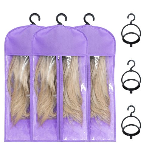 3PCS Dust-proof Tangle-proof Wig Bags Storage with Wig Holder Portable Wig Storage for Multiple Wigs Holder Wig Hanger for Multiple Wigs stand with Transparent Zip Up Closure wigs & accessories