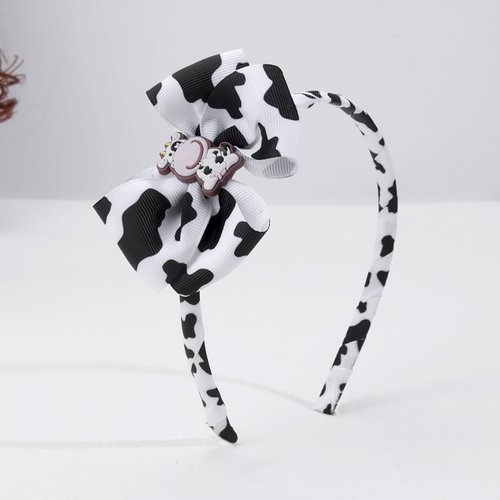 Ecuupas Cow Print Bow Headbands Cute Moo Cow Headband White Black Cow Spot Head Hoop Grosgrain Ribbon Bow Hairband Hair Decoration for Teens Girls Woman 1Pcs