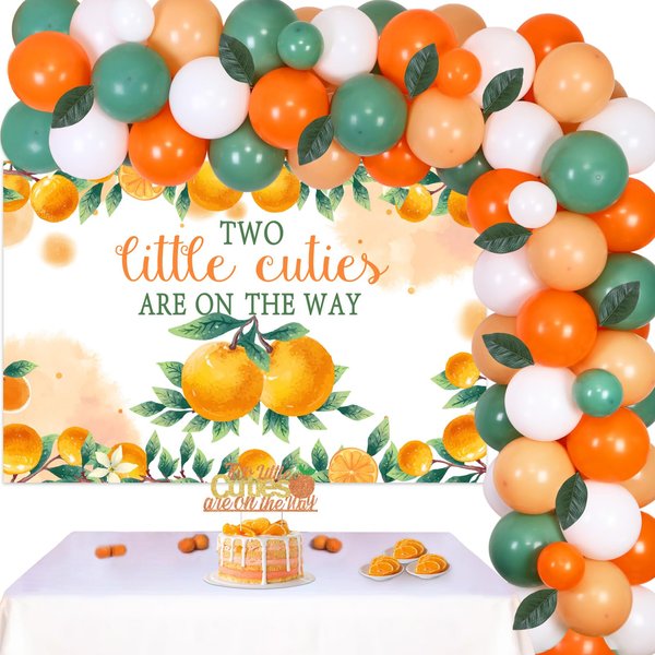 Two Little Cuties Baby Shower Decorations for Twins - Two Little Cuties are on the Way Orange Balloon Arch Kit with Backdrop Cake Topper, Tangerine Theme Gender Reveal Baby Shower Party Supplies