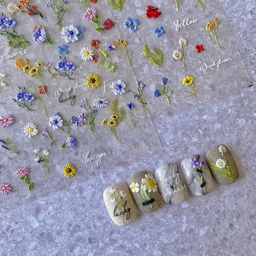 3Sheets Wild Flower Nail Art Stickers Spring Daisy Embossed Sunflowers Floret Greenery Flowers Nail Decals for Women Girls Summer Salon DIY Acrylic Nails Design Supplies (Flower B)