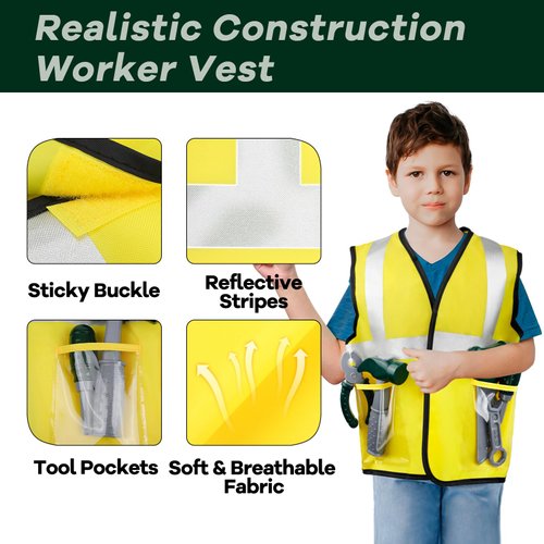 Popsunny Toddler Tool Set, Construction Worker Costume for Kids 3 4 5 6, Boys Girls Pretend Play Toys with Construction Vest, Hat & Adjustable Tool Belt