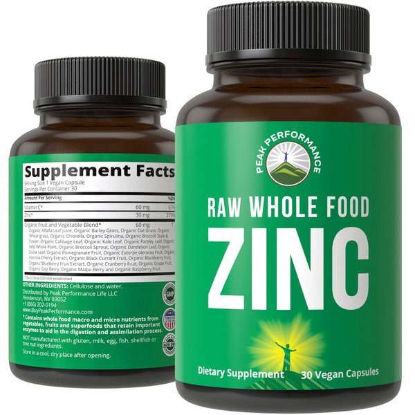 Peak Performance Vegan Zinc Supplement with Vitamin C. Zinc Supplements Zinc 30mg Capsules, Pills, Tablets, Vitamins for Adults Both Men and Women