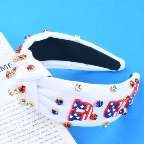 ABONDEVER 4th of July Headbands for Women Rhinestone Headband Patriotic Crystal Star Beaded Headbands American Flag Knotted Headband Fourth of July Hair Accessories Holiday Gifts(White-USA)