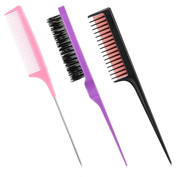 Patelai 3 Pieces Hair Styling Comb Set for Women's Back Combing - Teasing/Fluffy Brush, Rat Tail Comb, and Triple Combing Comb (Purple, Pink, Red)