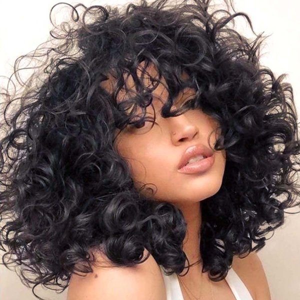AIDUSA Big Curly Wigs for Black Women Synthetic Loose Curly Wigs with Bangs 14 Inch Wig Black Natural Bob Wigs for Women (#1B Natural Black)
