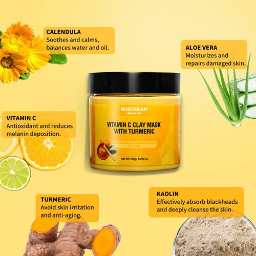 Hicream Turmeric Vitamin C Clay Mask, Deep Cleansing Facial Mask, Clay Face Mask Skin Care with Kaolin Clay and Aloe for Pores, Acne, Dark Spots, Hydrating 5.29 Oz (yellow)