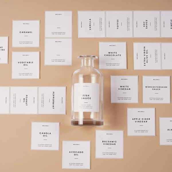 MoliMoli Minimalist Labels, Pantry Labels, Kitchen Labels, Organization Labels Set Including Oil Labels for Bottles, Cooking Sauce and Wine Labels, and Coffee Syrup Labels for Coffee bar