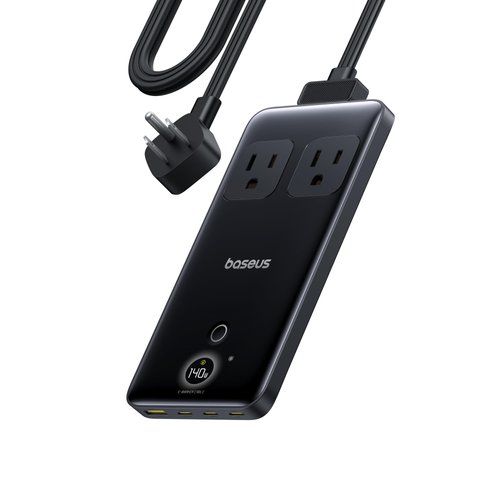 Baseus Blade Charging Station 140W, 6-in-1 Compact USB C Power Strip with 5ft Detachable Flat Extension Cord, Digital Display, Slim Fast Desktop Charger for Work and Travel (Not a Portable Battery)