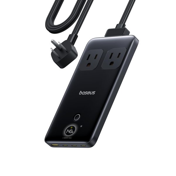 Baseus Blade Charging Station 140W, 6-in-1 Compact USB C Power Strip with 5ft Detachable Flat Extension Cord, Digital Display, Slim Fast Desktop Charger for Work and Travel (Not a Portable Battery)