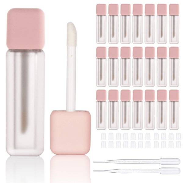 COSIDEA 22pcs empty 6ml square lip gloss tubes, Pink frosted lipgloss tube container with wand and stopper