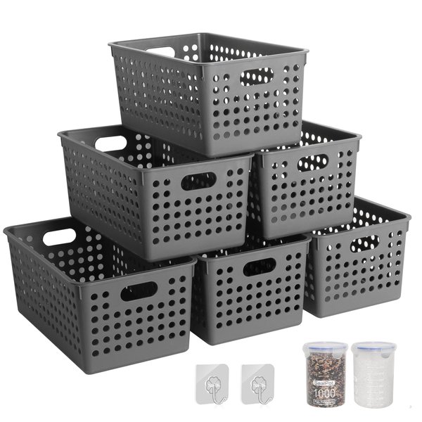 Pafino 6PACK Plastic Storage Baskets - Small Pantry Organizer Bins Stackable Basket Household Organizers for Kitchen, Shelves, Countertops, Desktops, Cabinets, Bedrooms and Bathrooms (Grey)