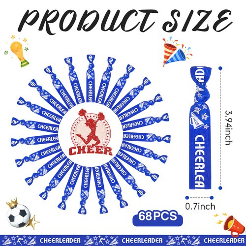 68 Pcs Cheer Bracelets Bulk Cheer Hair Ties Cheerleader Gifts Motivational Bracelets Cheer Gifts Wristbands for Cheerleading Gifts Women and Girls Cheer Squad Party Favors, Pom Pom Design (Blue)